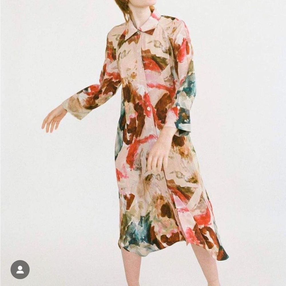 Abstract Watercolor Print Long Shirt Dress - Multicolor